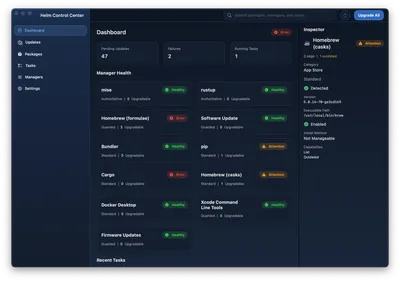 Helm Control Center showing manager and package status.