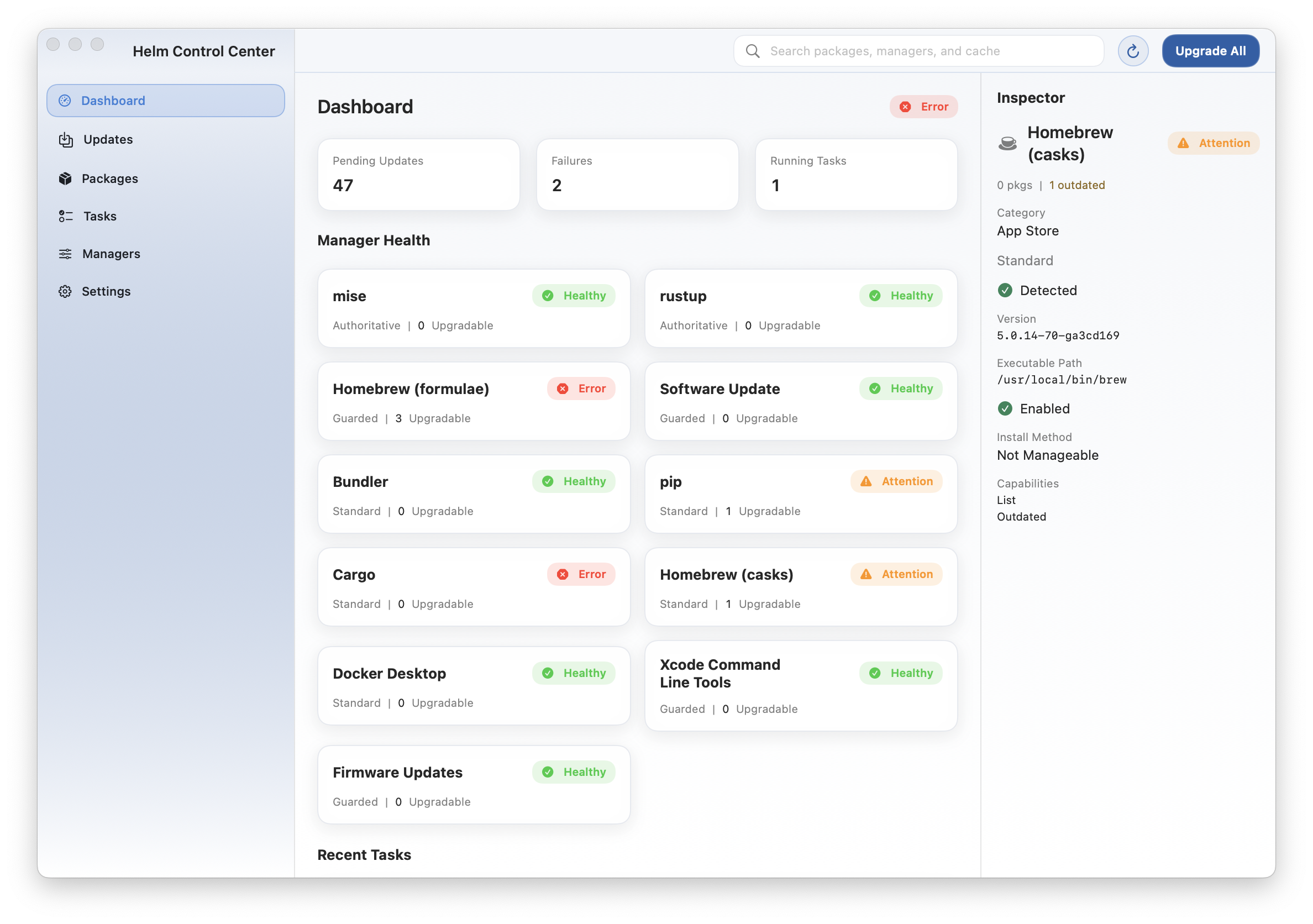 Control Center overview with health posture and manager grid.