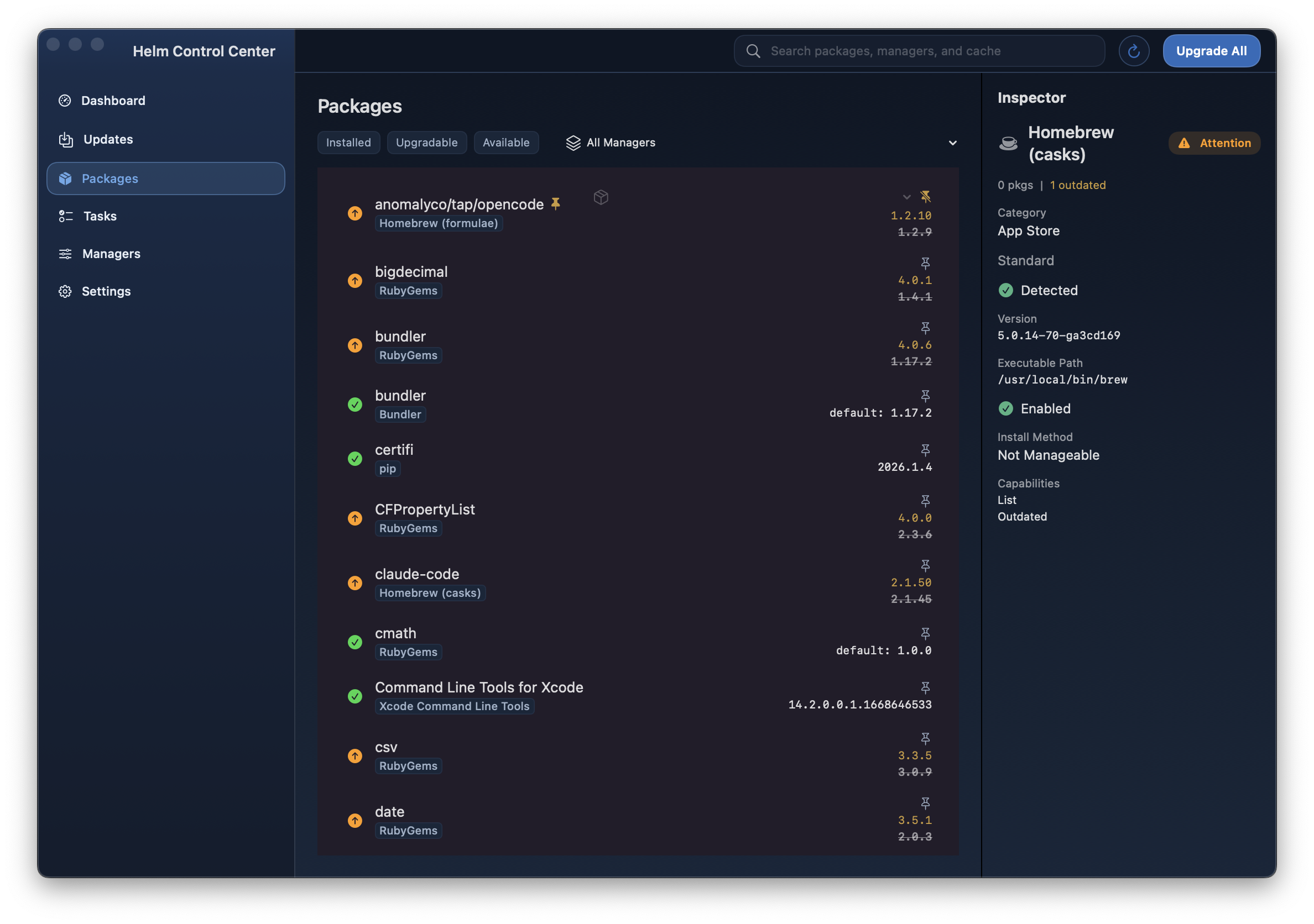 Packages tab with package list and filters.