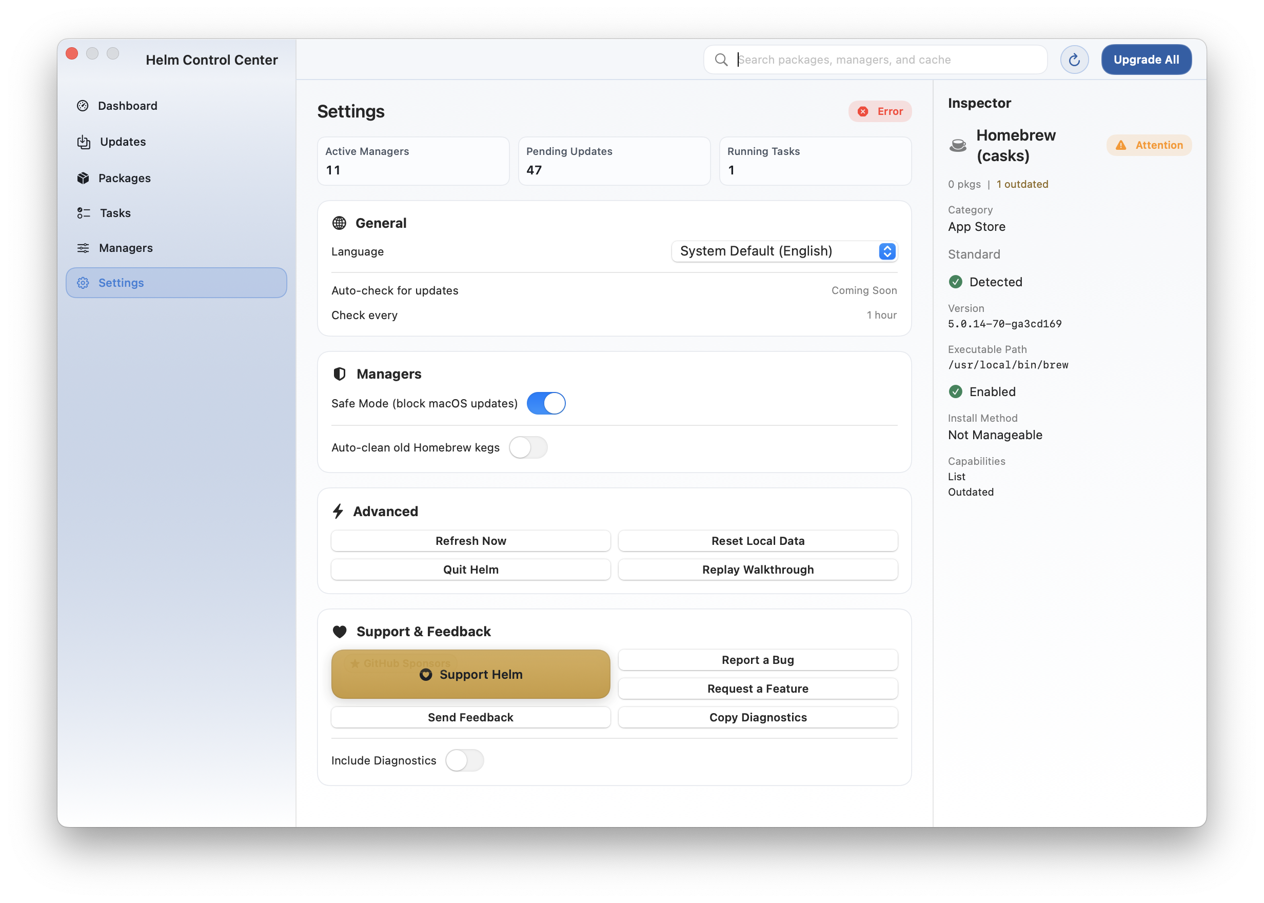 Settings tab with General, Managers, Advanced, and Support and Feedback cards.