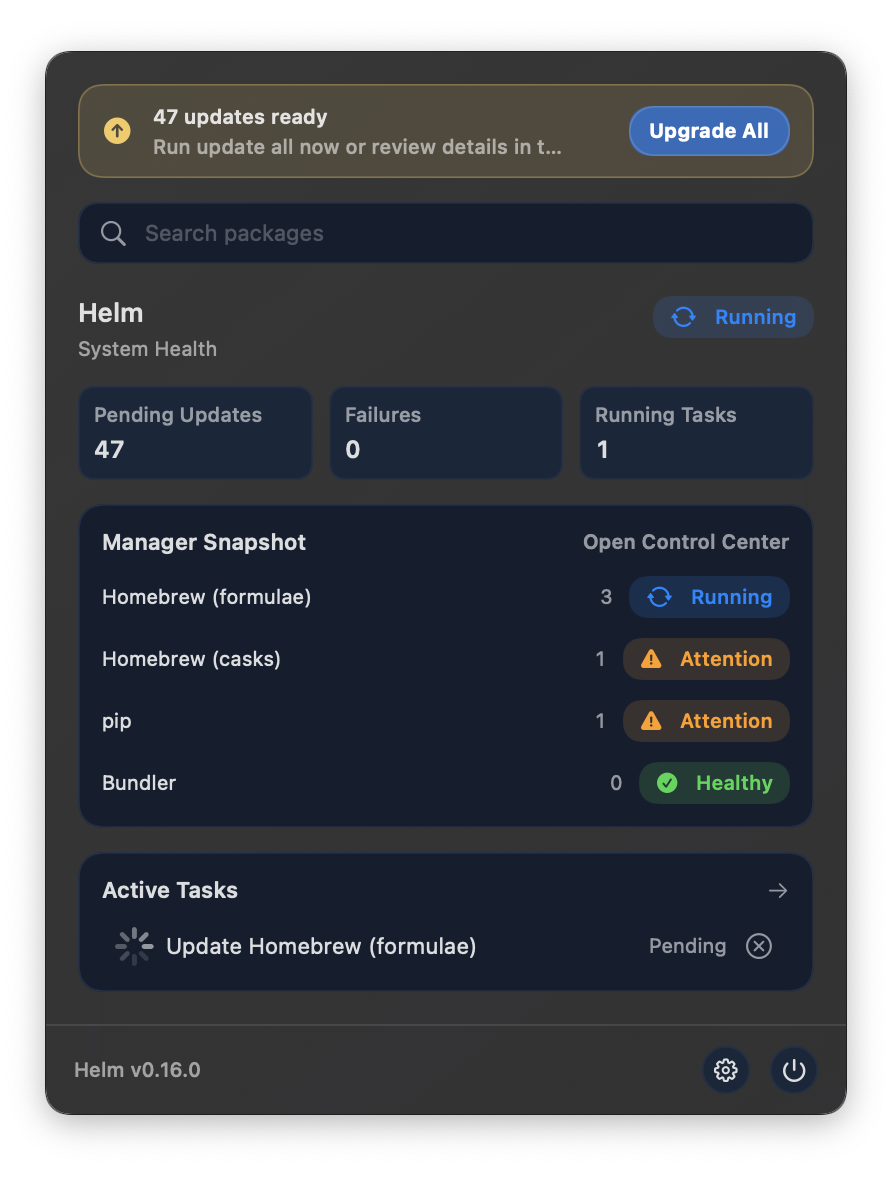 Menu bar popover showing health status, pending updates, and quick actions.